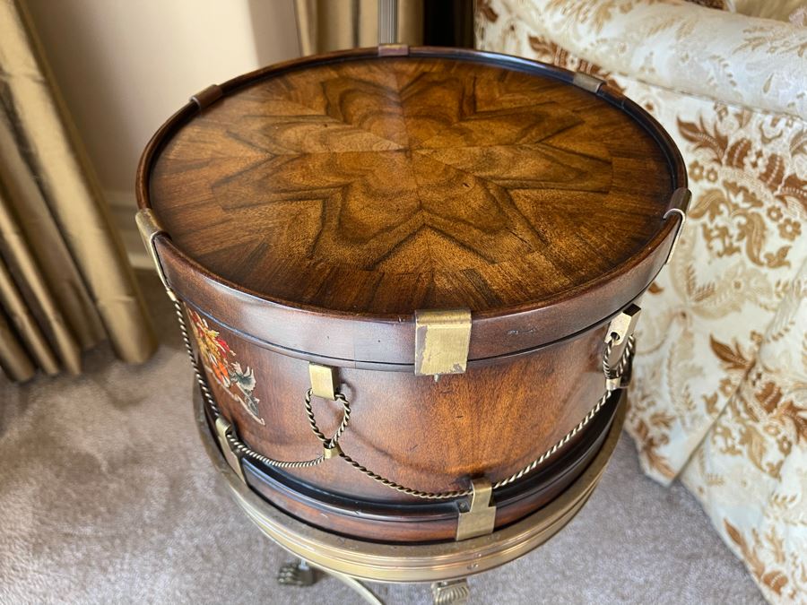 Althorp Mahogany And Brass Mounted Drum Shaped Box With Hand Painted Spencer Family Crest 12.75W X 12.75D X 25.5H [Photo 2]