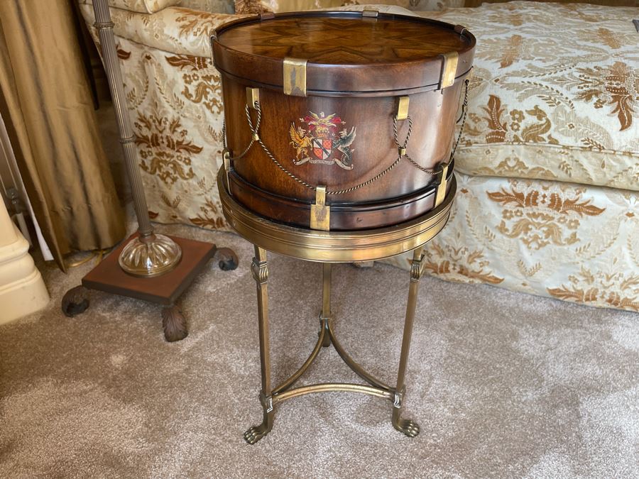 Althorp Mahogany And Brass Mounted Drum Shaped Box With Hand Painted Spencer Family Crest 12.75W X 12.75D X 25.5H [Photo 4]