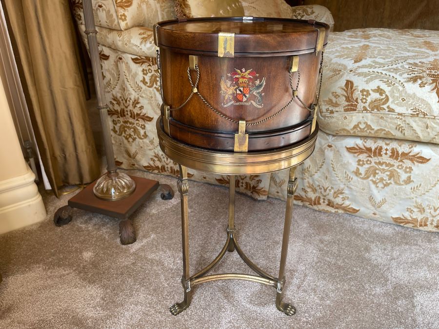 Althorp Mahogany And Brass Mounted Drum Shaped Box With Hand Painted Spencer Family Crest 12.75W X 12.75D X 25.5H [Photo 6]