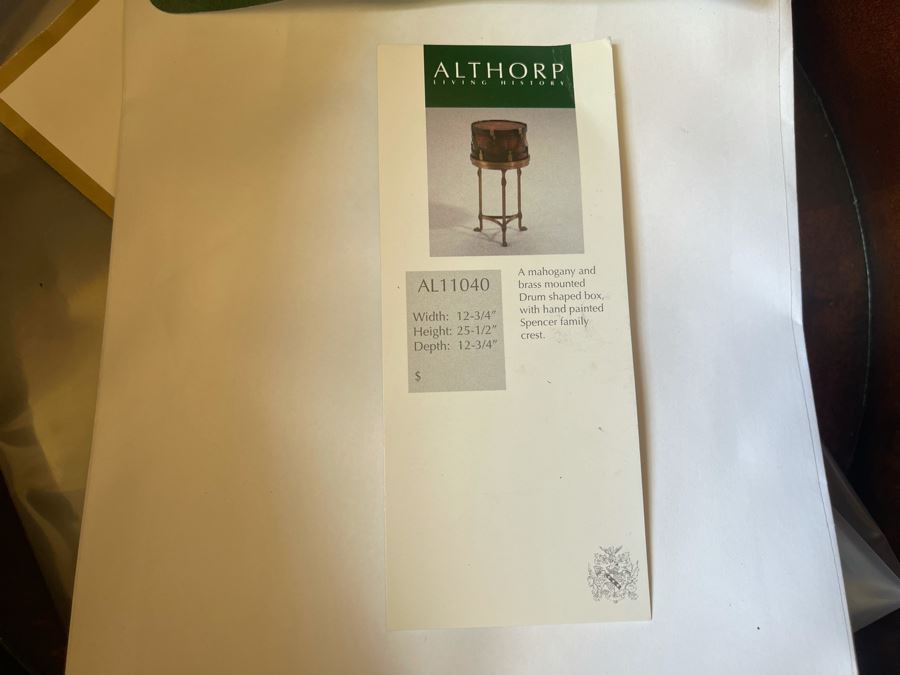 Althorp Mahogany And Brass Mounted Drum Shaped Box With Hand Painted Spencer Family Crest 12.75W X 12.75D X 25.5H [Photo 9]