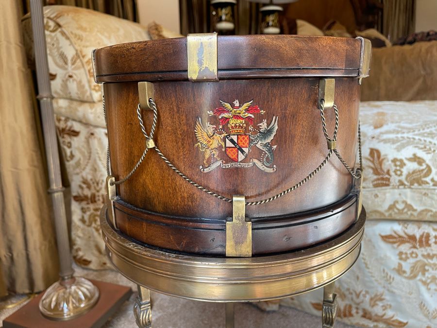 Althorp Mahogany And Brass Mounted Drum Shaped Box With Hand Painted Spencer Family Crest 12.75W X 12.75D X 25.5H [Photo 7]