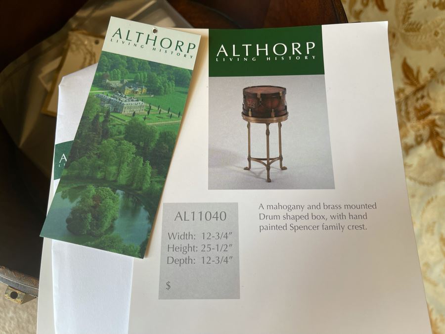 Althorp Mahogany And Brass Mounted Drum Shaped Box With Hand Painted Spencer Family Crest 12.75W X 12.75D X 25.5H [Photo 3]