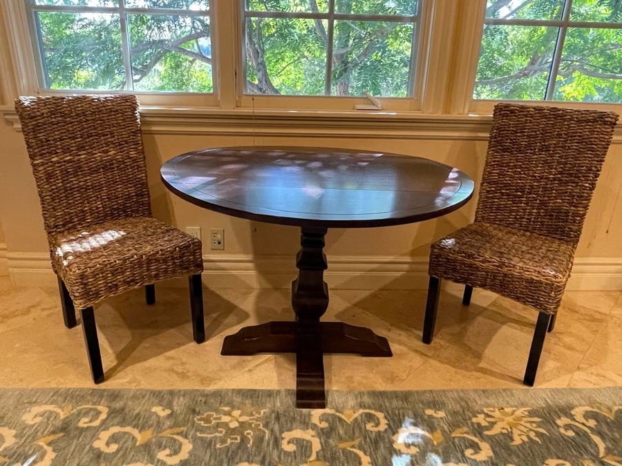 Wooden Pedestal Drop Leaf Table With Pair Of Woven Chairs [Photo 7]