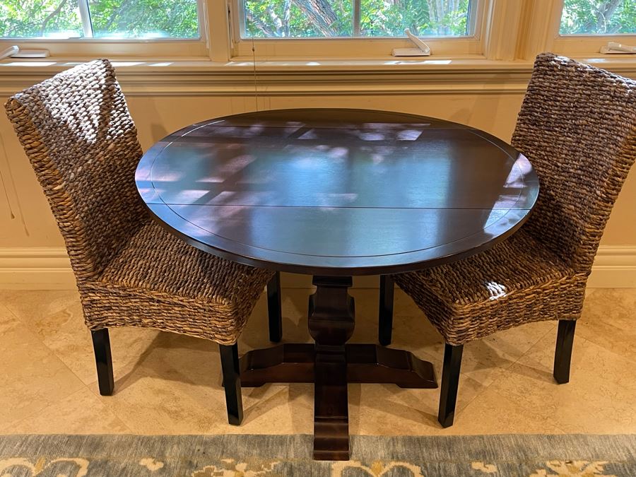 Wooden Pedestal Drop Leaf Table With Pair Of Woven Chairs [Photo 4]