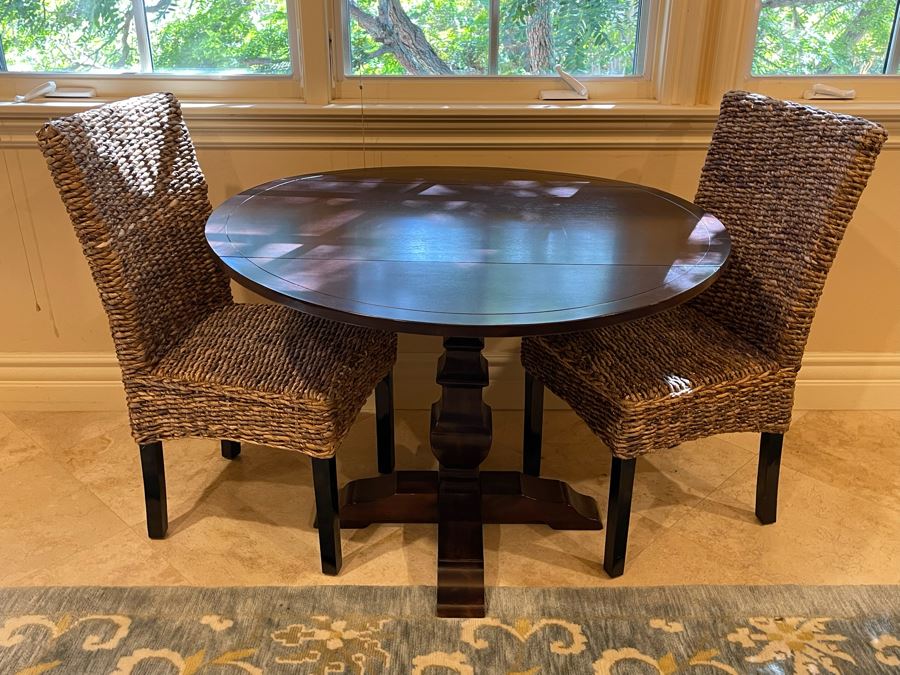 Wooden Pedestal Drop Leaf Table With Pair Of Woven Chairs [Photo 3]