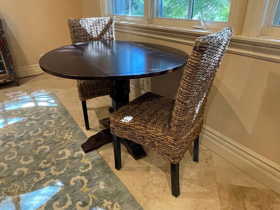 Wooden Pedestal Drop Leaf Table With Pair Of Woven Chairs [Photo 6]