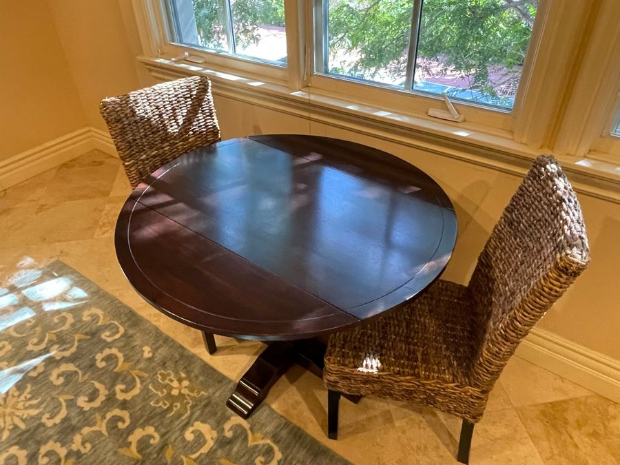 Wooden Pedestal Drop Leaf Table With Pair Of Woven Chairs [Photo 5]