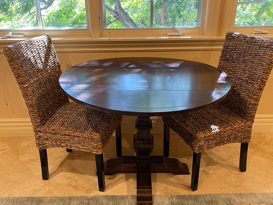 Wooden Pedestal Drop Leaf Table With Pair Of Woven Chairs [Photo 2]