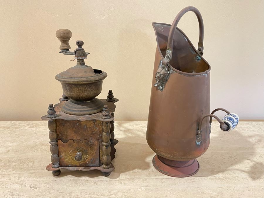 Vintage Coffee Grinder And Copper Scuttle [Photo 1]