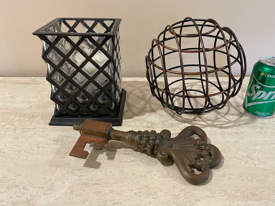 Home Decor Accent Lot: Large Metal Skeleton Key, Wire Ball And Candle Holder [Photo 1]