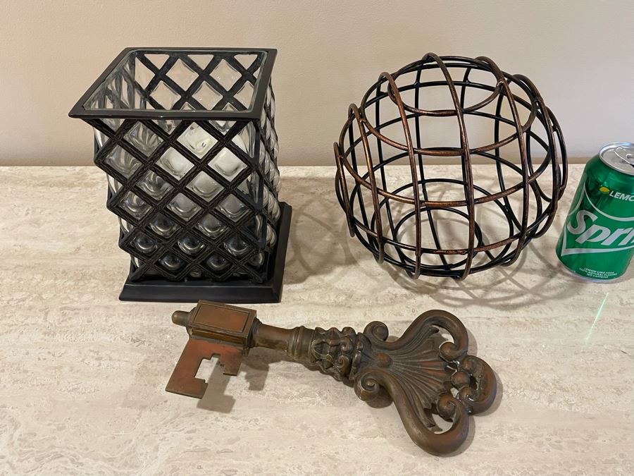 Home Decor Accent Lot: Large Metal Skeleton Key, Wire Ball And Candle Holder [Photo 2]