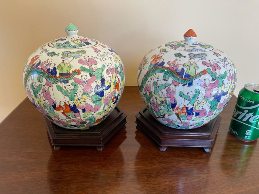 Pair Of Signed Chinese Porcelain Ginger Jars With Wooden Stands 8W X 8H [Photo 2]