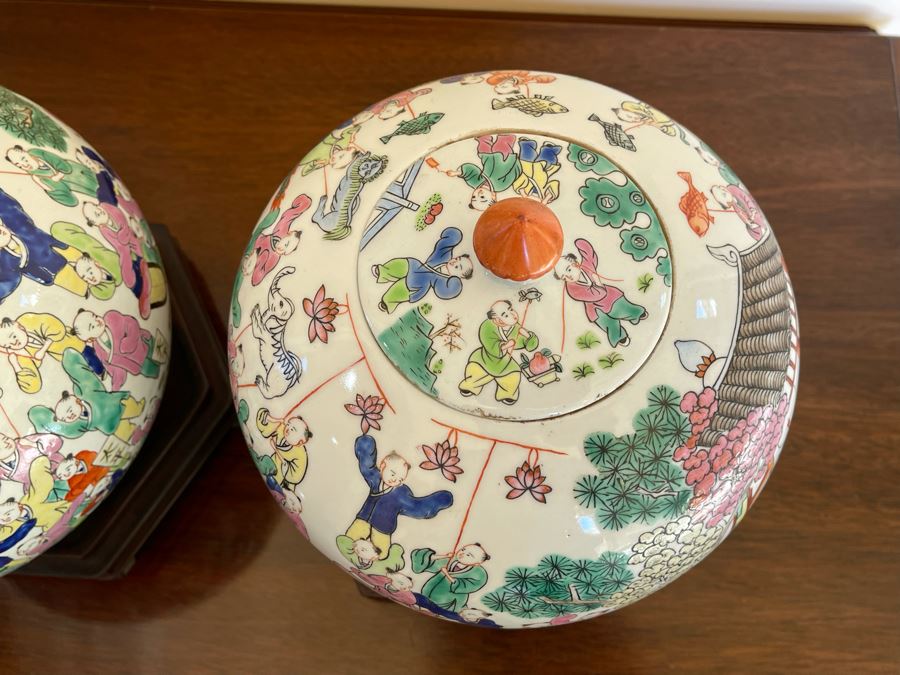 Pair Of Signed Chinese Porcelain Ginger Jars With Wooden Stands 8W X 8H [Photo 9]