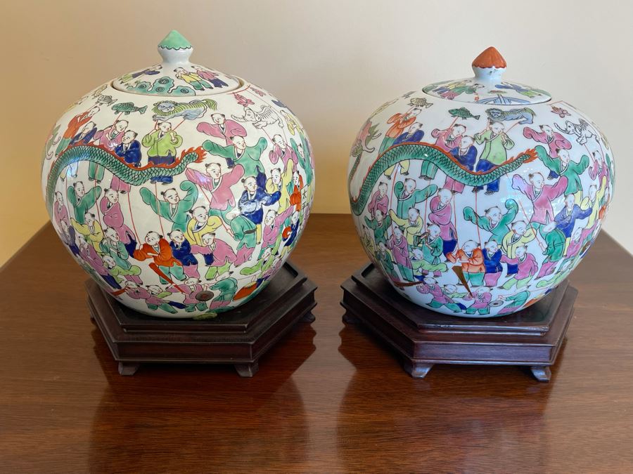Pair Of Signed Chinese Porcelain Ginger Jars With Wooden Stands 8W X 8H [Photo 3]