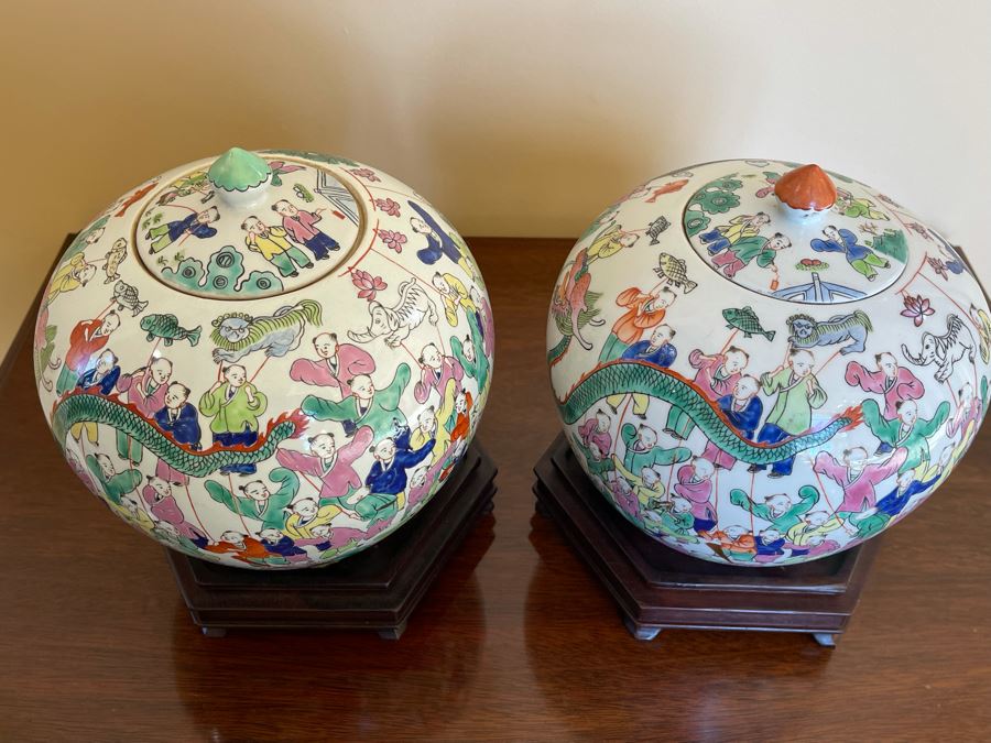 Pair Of Signed Chinese Porcelain Ginger Jars With Wooden Stands 8W X 8H [Photo 4]