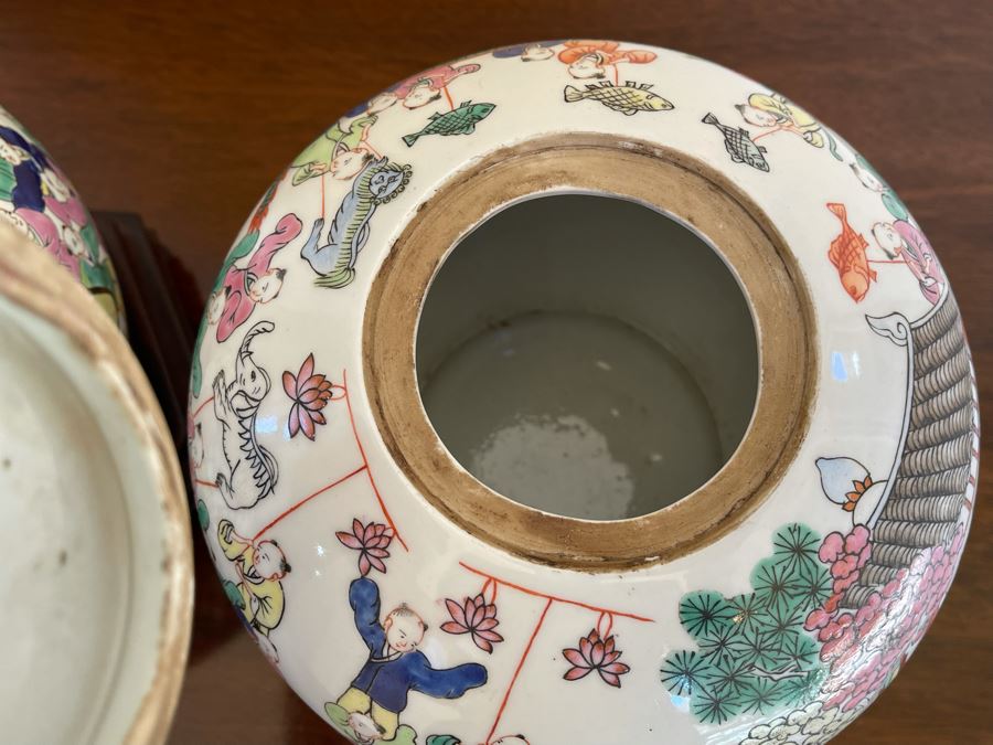 Pair Of Signed Chinese Porcelain Ginger Jars With Wooden Stands 8W X 8H [Photo 10]