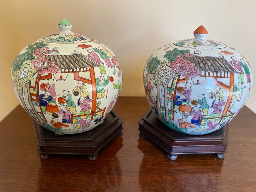 Pair Of Signed Chinese Porcelain Ginger Jars With Wooden Stands 8W X 8H [Photo 14]