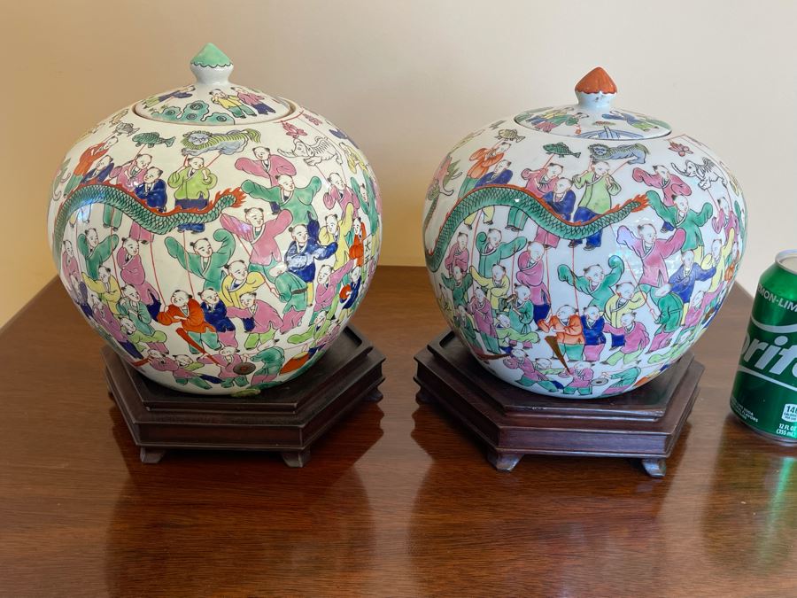 Pair Of Signed Chinese Porcelain Ginger Jars With Wooden Stands 8W X 8H