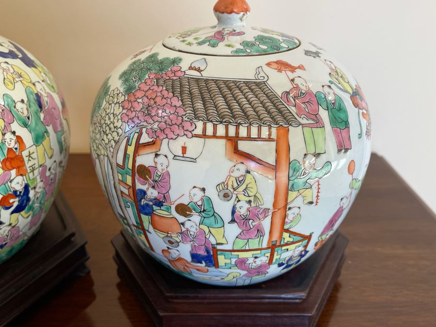 Pair Of Signed Chinese Porcelain Ginger Jars With Wooden Stands 8W X 8H [Photo 7]