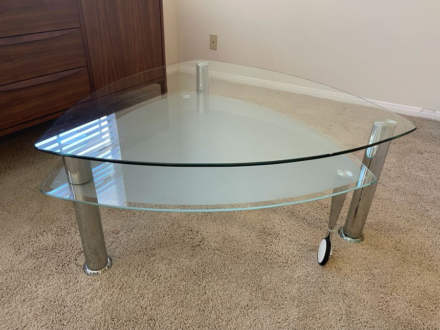 Contemporary Two-Level Glass And Chrome Coffee Table With Sliding Bottom 38W X 38D X 16.5H [Photo 4]