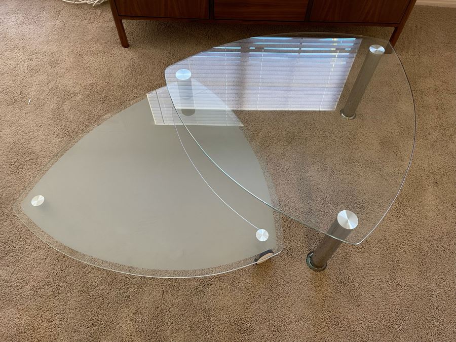 Contemporary Two-Level Glass And Chrome Coffee Table With Sliding Bottom 38W X 38D X 16.5H [Photo 3]