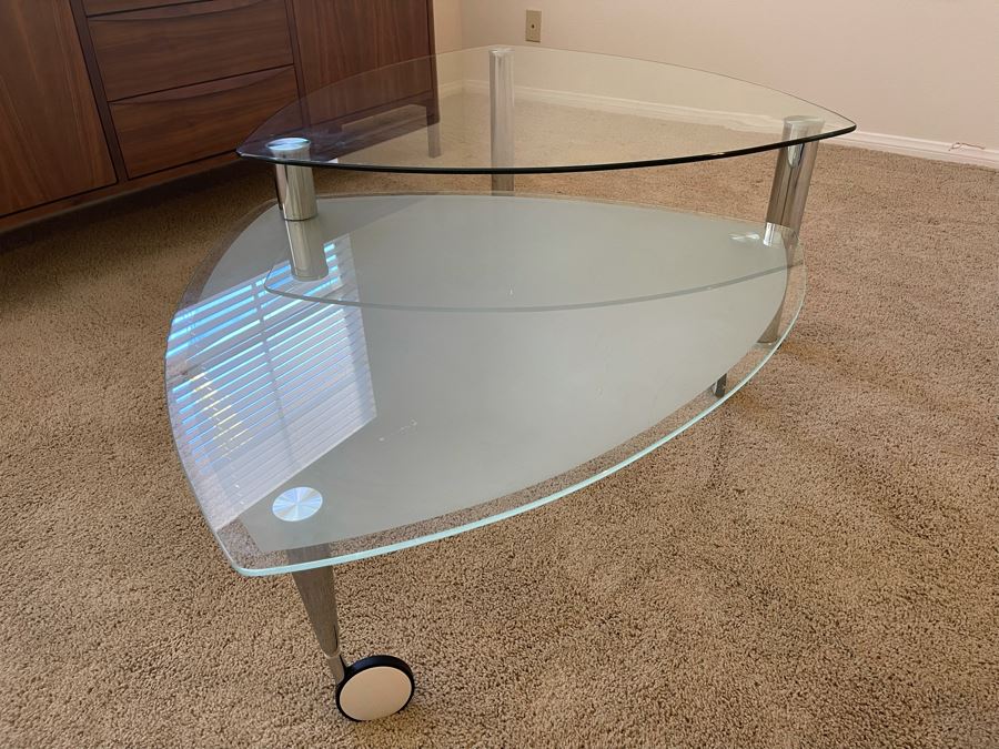Contemporary Two-Level Glass And Chrome Coffee Table With Sliding Bottom 38W X 38D X 16.5H [Photo 7]