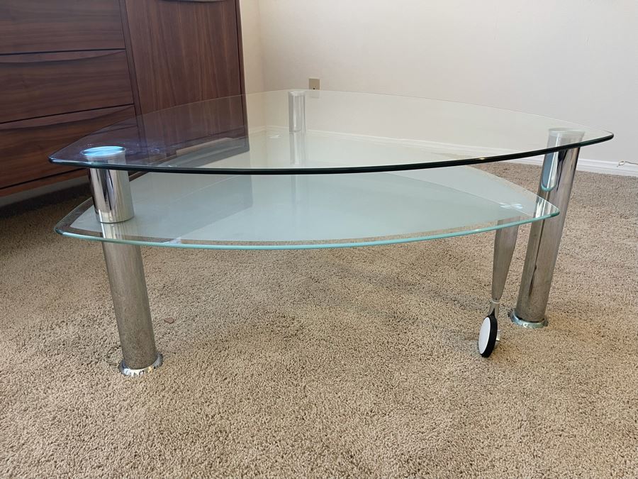 Contemporary Two-Level Glass And Chrome Coffee Table With Sliding Bottom 38W X 38D X 16.5H [Photo 5]