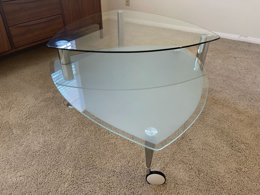 Contemporary Two-Level Glass And Chrome Coffee Table With Sliding Bottom 38W X 38D X 16.5H [Photo 6]
