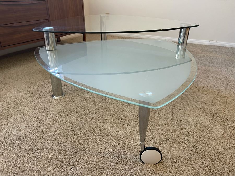 Contemporary Two-Level Glass And Chrome Coffee Table With Sliding Bottom 38W X 38D X 16.5H [Photo 2]