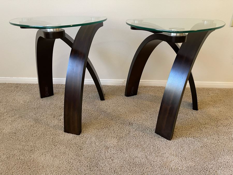Pair Of Contemporary Wood And Glass Side Tables 23W X 23D X 24H [Photo 4]