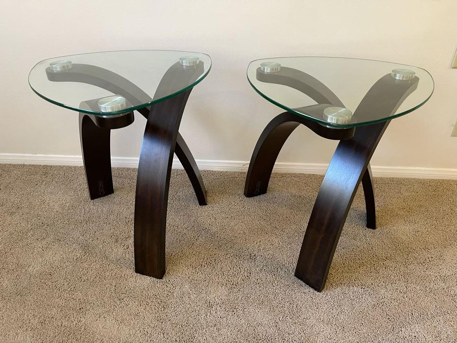 Pair Of Contemporary Wood And Glass Side Tables 23W X 23D X 24H [Photo 2]