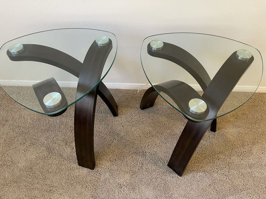 Pair Of Contemporary Wood And Glass Side Tables 23W X 23D X 24H [Photo 5]