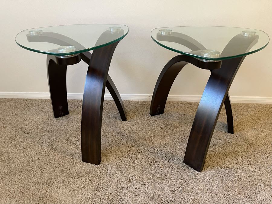 Pair Of Contemporary Wood And Glass Side Tables 23W X 23D X 24H [Photo 3]