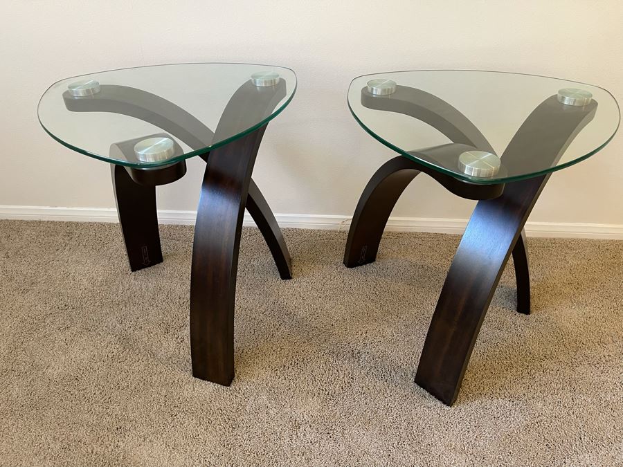 Pair Of Contemporary Wood And Glass Side Tables 23W X 23D X 24H