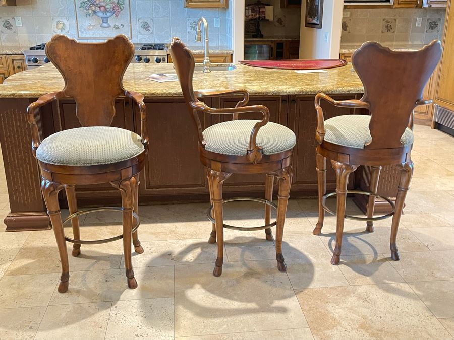 Set Of Three Century Furniture Wooden Hoof Feet Barstools Seat Cushion Is 29H [Photo 2]