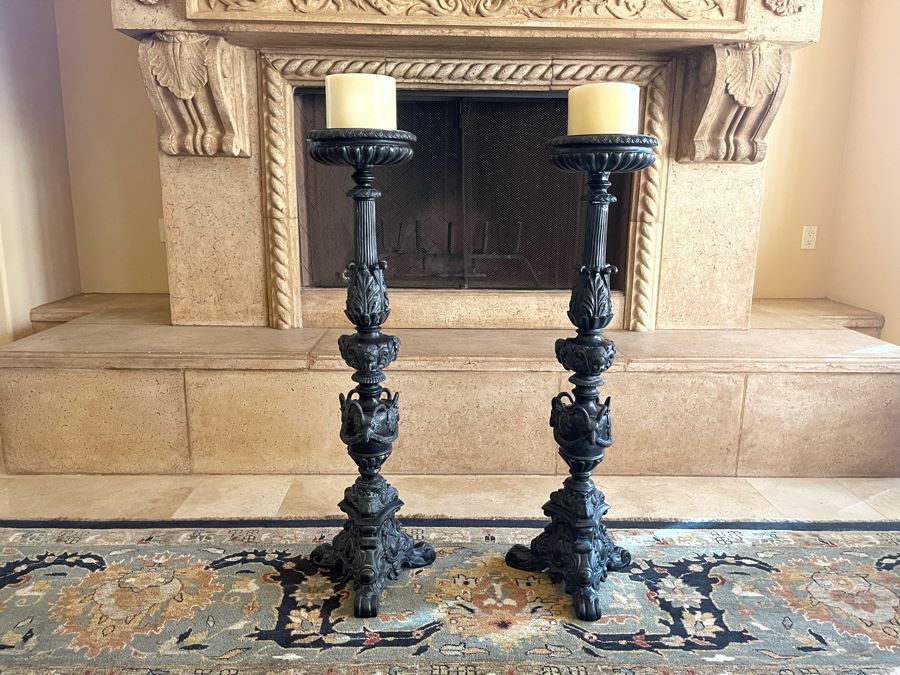 Large Pair Of Maitland-Smith Metal Ram's Head Candlesticks 42H [Photo 2]