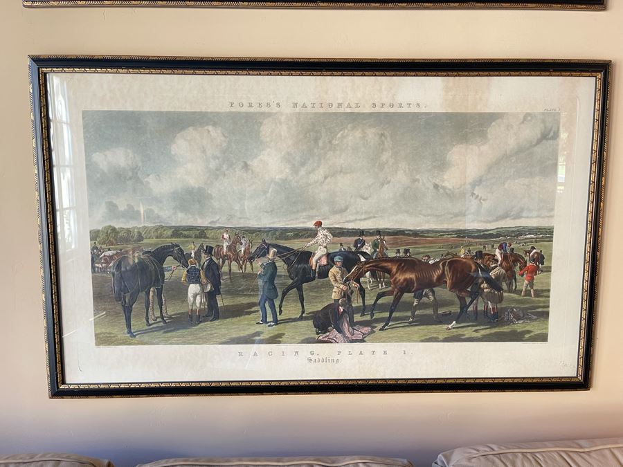 Framed Engraving: Racing, Plate 1 'Saddling' Fores's National Sports Painted By J.F. Herring Engraved By J. Harris & C. Quentery 43 X 24 [Photo 1]