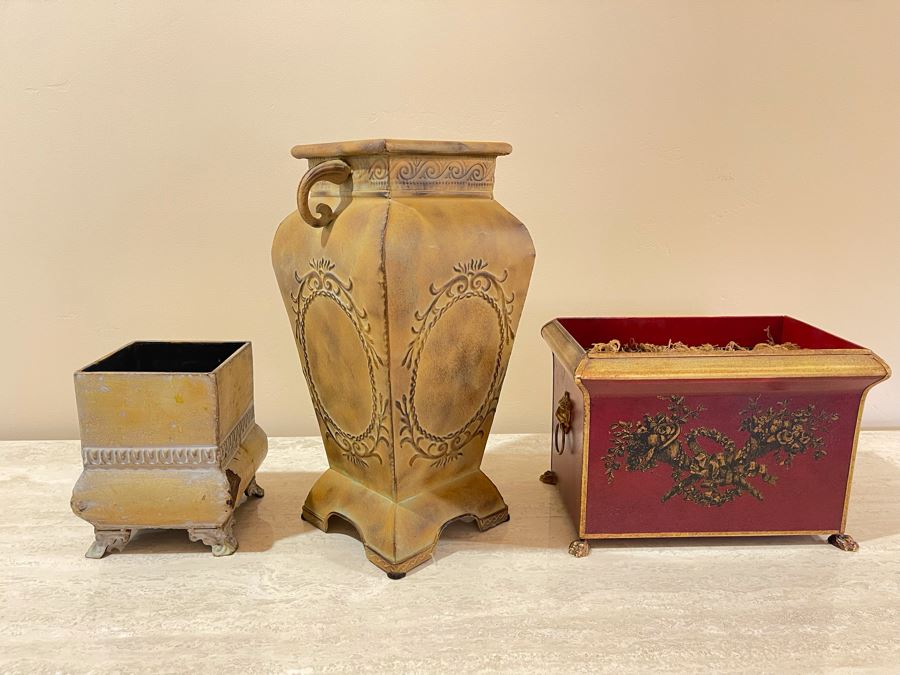 JUST ADDED - (2) Footed Metal Planters And (1) Metal Vase 17H