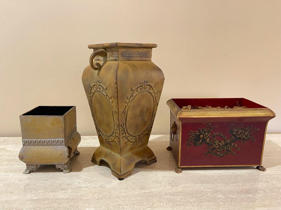 JUST ADDED - (2) Footed Metal Planters And (1) Metal Vase 17H [Photo 2]