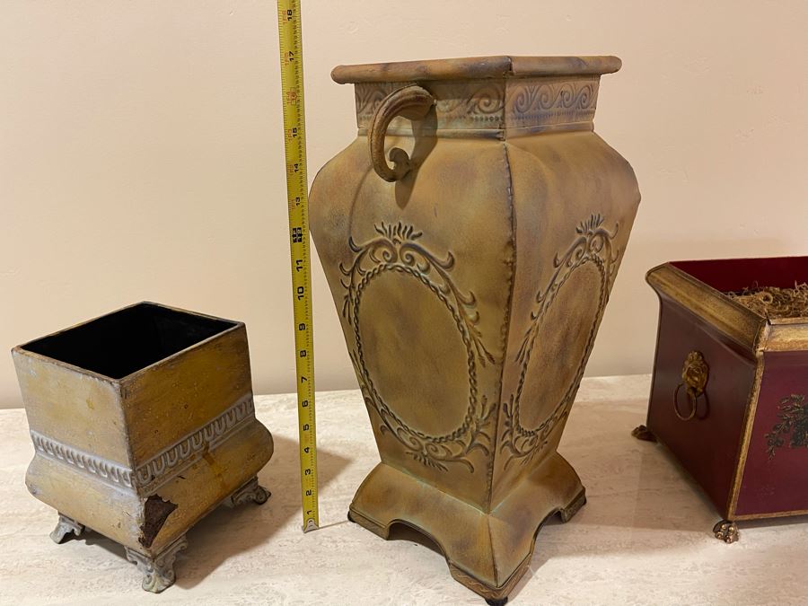 JUST ADDED - (2) Footed Metal Planters And (1) Metal Vase 17H [Photo 6]