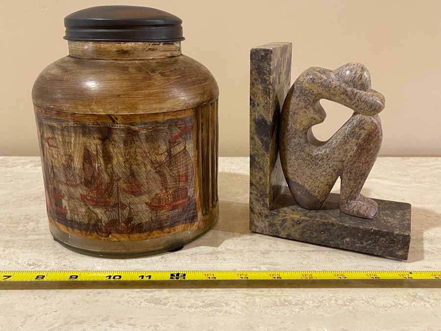 JUST ADDED - Carved Marble Bookend And Decorative Jar