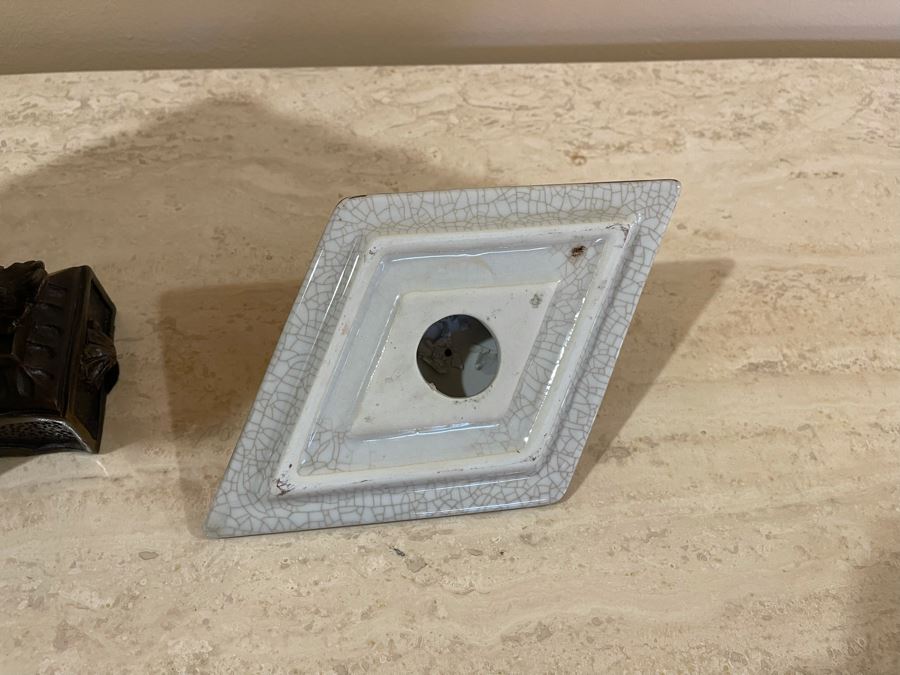 JUST ADDED - Castilian Metal And Porcelain Lidded Jar Flanked By Pair Of Cherubs 12W X 9D X 12H [Photo 12]