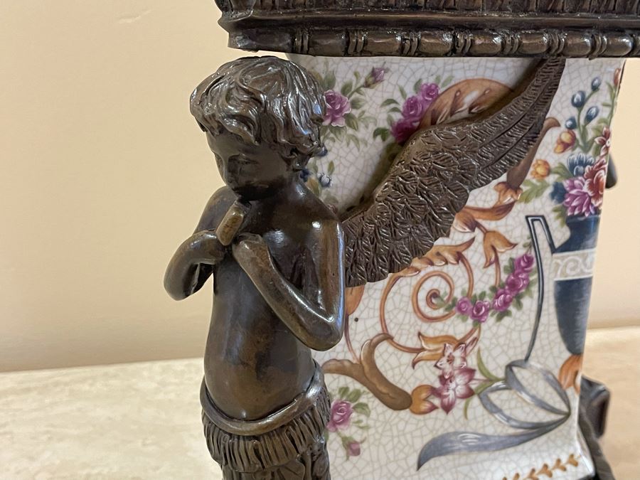 JUST ADDED - Castilian Metal And Porcelain Lidded Jar Flanked By Pair Of Cherubs 12W X 9D X 12H [Photo 6]