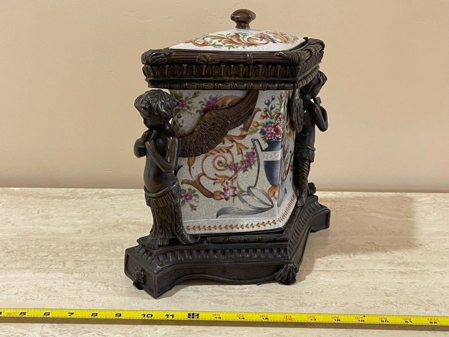 JUST ADDED - Castilian Metal And Porcelain Lidded Jar Flanked By Pair Of Cherubs 12W X 9D X 12H [Photo 5]