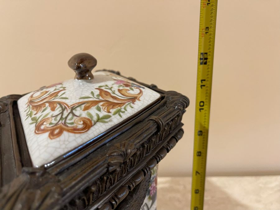 JUST ADDED - Castilian Metal And Porcelain Lidded Jar Flanked By Pair Of Cherubs 12W X 9D X 12H [Photo 15]