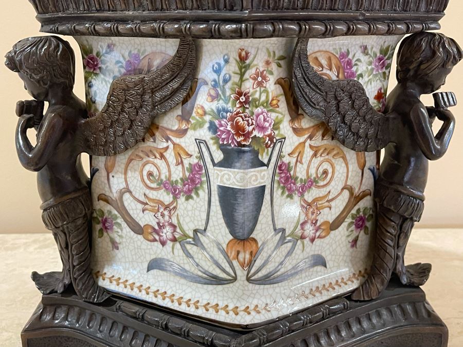 JUST ADDED - Castilian Metal And Porcelain Lidded Jar Flanked By Pair Of Cherubs 12W X 9D X 12H [Photo 4]