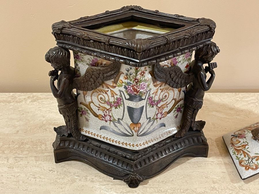 JUST ADDED - Castilian Metal And Porcelain Lidded Jar Flanked By Pair Of Cherubs 12W X 9D X 12H [Photo 8]