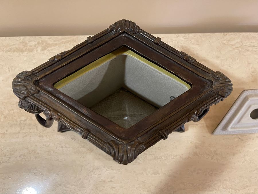 JUST ADDED - Castilian Metal And Porcelain Lidded Jar Flanked By Pair Of Cherubs 12W X 9D X 12H [Photo 14]