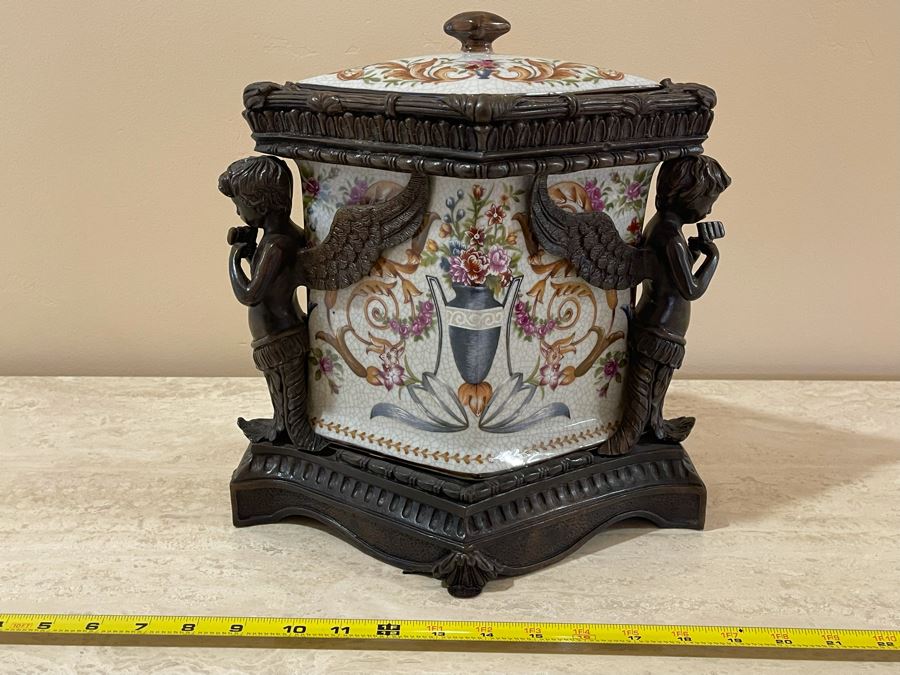 JUST ADDED - Castilian Metal And Porcelain Lidded Jar Flanked By Pair Of Cherubs 12W X 9D X 12H [Photo 2]
