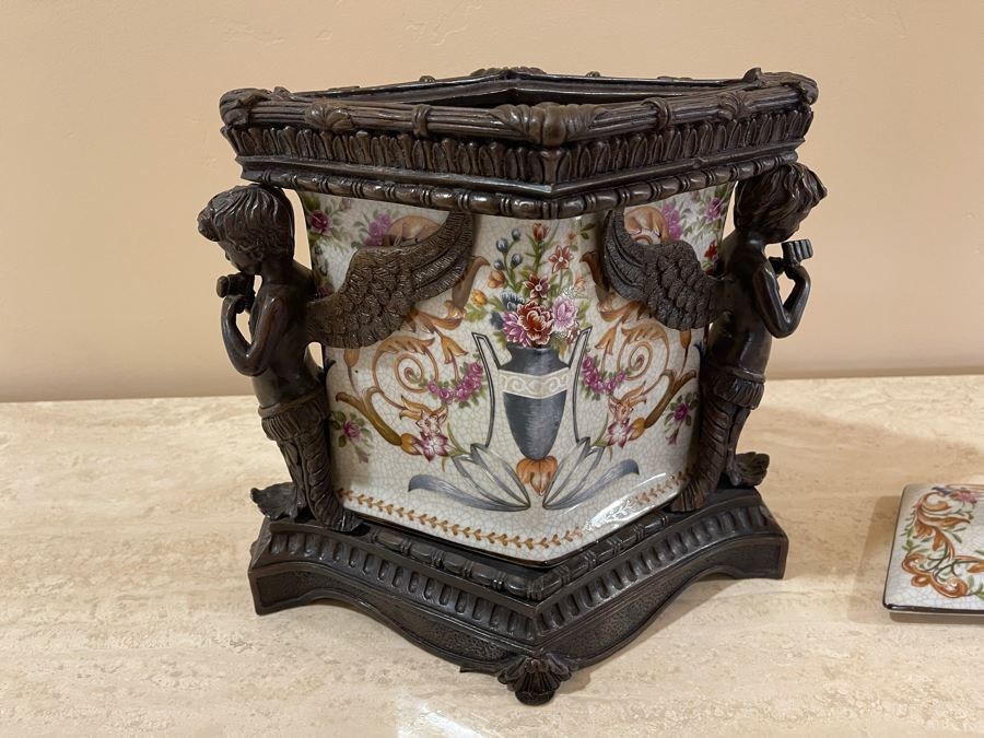 JUST ADDED - Castilian Metal And Porcelain Lidded Jar Flanked By Pair Of Cherubs 12W X 9D X 12H [Photo 10]